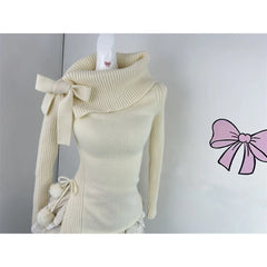 Voguable Autumn Winter Woman Kawaii Sweet 2 Piece Set Off Shoulder Bow Knitted Tops + Mini Cake Skirt Female Korean Fashion Casual Suits voguable