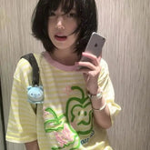 Apple Embroidery T Shirt Women Korean Style Striped Short Sleeved T-shirts Summer Y2k Clothes Gentle O Neck Tees Top voguable