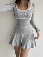 Voguable Lace Patchwork Knitted Mini Dresses Women Autumn Y2K Sweet Bow Bodycon Long Sleeve Pleated Dress Casual Korean Style voguable