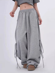 Streetwear Gray Sweatpants Women Low Waist Loose Harajuku Pockets Pants American Casual Hip Hop Lace Up Oversize Bf Trousers New voguable