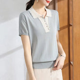 Voguable Women's Summer New Knit Short Sleeved T-shirt Thin Ice Silk Elegant Top Middle Aged Elegant Collar voguable