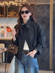 England Stand Collar Jacket Women Loose Long Sleeve Vintage Short Coat Fall Causal Double Breasted Lady Elegant Design Tops voguable