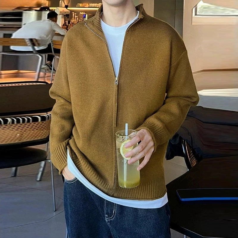 New Japanese Popular Men Cardigan Jacket Luxury Trendy Turtleneck Knitted Zip-up Long Sleeve Sweater Coat Premium Knitwear M-3XL voguable