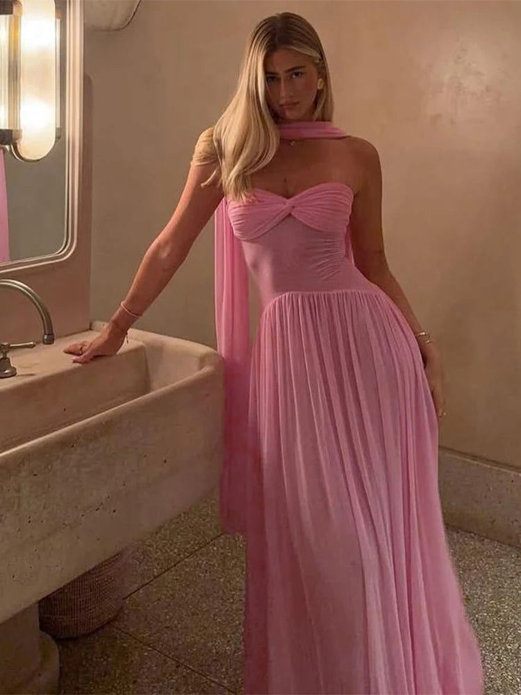 Temperament Mesh Patchwork Maxi Dress Women Solid Scarf+Sexy Backless Strapless Ruffles Midnight Banquet Party Outfits voguable