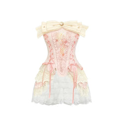 French Elegant Corset Suit Women Bow Tie Sexy Lace Tube Top White Shorts Two Piece Casual Fashion Summer Female Two Piece Set voguable