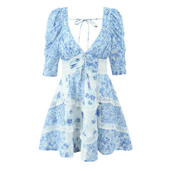Lace Spliced Blue Floral Print Summer Dress Women Sexy Backless V Neck A-line Mini Dresses Holiday Vestido Boho Robe voguable