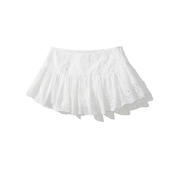 Cool Girl Hollow Out Embroidery White Mini Skirt For Women Sexy Low Waist Summer Skirts With Shorts Lining