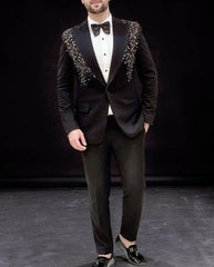 Voguable Beaded Men Suits for Wedding Prom Party 2 Pieces Slim Fit Groom Tuxedo Male Peak Lapel Fashion Suit Jacket with Pants voguable
