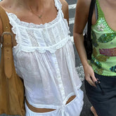 Women Y2k Lace Ruffle Trim Tank Top Fairycore Sexy Sheer Button Front Scoop Neck Camisole Cute Going Out Crop Tops Boho Vest voguable