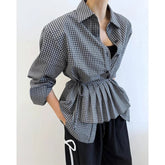 Voguable Vintage Plaid Shirts Women Harajuku Pleated Patchwork Blouses Ladies Streetwear Korean Bandage Long Sleeve Casual Design Tops voguable