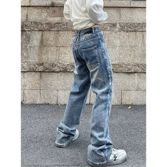 Vintage Flame Embroidered High Rise Jeans Women's Washed Old Loose Fit Jeans Women's Y2K Jeans Casual Pants Loose Fit Jean voguable