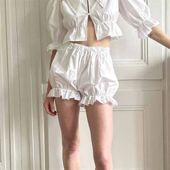 White Bloomers Ruffle Hem Bottoms Women Solid Color Elastic High Waist Panties Coquette Clothing y2k Victorian Shorts voguable