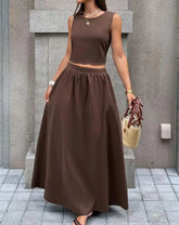 Voguable Spring/Summer New Women's Set Solid Color Fashion Leisure Vacation Style Sleeveless Backless Top Half Skirt Two Piece Set voguable