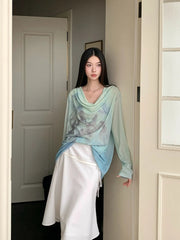 Gradient Fall 2025 Fashion Woman Oversize Graphic T Shirts Long Sleeve Top Cowls Blue Tee Autumn Streetwear Clothing voguable