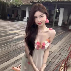 French 3D Flower Tank Dress Women's Summer Soft Mesh Long Dress White Open-back Waist-fitted A- line Skirt voguable