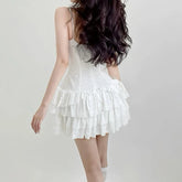 Voguable French Jacquard A-line Tiered Mini Dress Women Coquette Chic Ruffle Spaghetti Straps Layered Sundress Holiday Party voguable