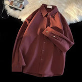 Voguable White & Burgundy Lapel Shirt, Loose Fit Daily Office Men's Clothing Versatile Basic Top Long Sleeve Men's Shirts voguable