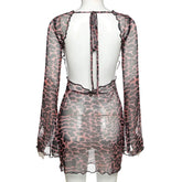 Women Summer Dress Leopard Print Backless See-Through Dress Party Night Clubwear Sexy Flared Sleeves Lace Up Bodycon Mini Dress