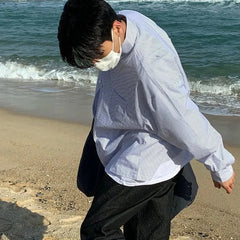 Man Stylish Button Blouse Simple Striped Long Sleeve Summer Spring Cardigan Stripe Blue Classic Casual Oversize Button Up Shirts voguable