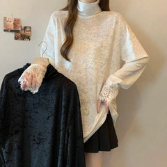 Korean Fashion Lace Women Clothing Turtleneck T-Shirts Bottoming Vintage Female Spring Autumn New Loose Casual Long Sleeve Tops voguable