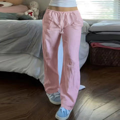Drawstring Low Rise Pink Casual Pants y2k Basic See Through Pants y2k Aesthetic Straight Trousers for Women Korean Style voguable