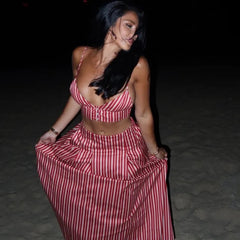 Stripe Bras And Pleat Skirt Sets Sexy Casual Boho Crop Top + Skirts Two Piece Set Vacation Woman Clothing 2025 New Summer Suit voguable
