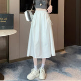 Voguable New Women Versatile Lace Up Drawstring Pocket Skirt Korean Fashion High Waist Workwear Mid Length Women's A-line Skirt voguable