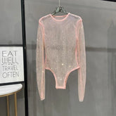 Voguable Sexy Mesh Hollowed Out Jumpsuit T-shirt Rhinestone Round Neck Tight See-through One-piece Bottoming Shirt Ms voguable
