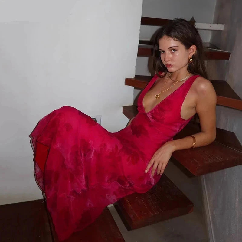 Elegant V-neck Rose Print Long Dress Women Bandage Draped Maxi Sleeveless Tank Dress Evening Party Vintage Clothing voguable