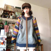 Voguable Striped Zipper Knit Cardigan Women Sweet Preppy Loose American Vintage Sweater Fall Winter Long Sleeve O Neck Casual Retro Tops voguable