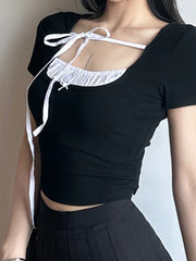 Voguable Contrast Stitching T-Shirt for Women Sweet Casual Short-Sleeved Square Collar Slim Shirts Korean Sexy Coquette Crop Top voguable