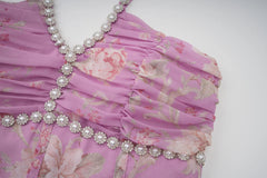 Fashion Purple Floral Pearl Studded Diamonds Dress Women's Halter Slim Fit Ankle-length Dresses Summer New 3A103 voguable