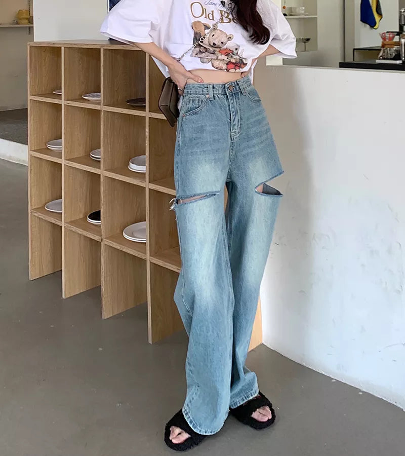 New High Waist Ripped Straight Women's Jeans Women Blue Denim Trousers Y2k Korean Clothing Fashion Streetwear Baggy Pants voguable