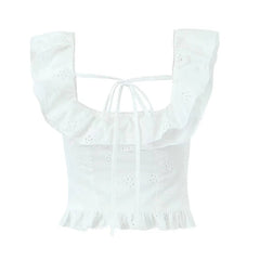 Women Hollow Out Embroidery White Tank Top Lace Trim Flying Sleeve Female Summer Crop Top Holiday voguable