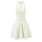 Sexy Backless Halter Mini Plaid Dress Women Deep V Lacing Up Bandage Back A-line Holiday Summer Dresses Short Robe voguable