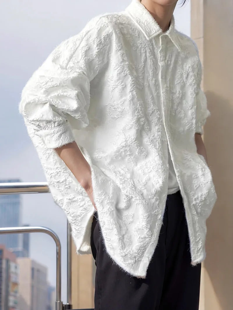 2XL White New Crumpled Jacquard Shirt Loose Fashion Solid Color Casual Turn-down Collar Top New All-match Bat Wing Sleeve P7W voguable