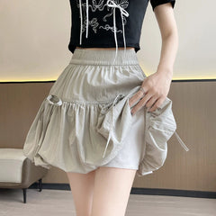 Voguable Sweet Bow Pleated Fluffy Skirts for Women Summer Korean Style Elastic Waist Lantern Skirt Woman Loose White A-Line Short Skirts voguable