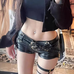 Vintage Nightclub Sexy Low Waist Pu Leather Belt Ultra Shorts Boots Women's Fashionable Versatile Female Dressing Shorts voguable
