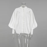 Voguable Elegant Retro White Shirts for Women Fashion Autumn Top Stand Collar Lantern Sleeve Button-Up Vintage Office Blouses Female voguable