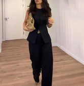 Voguable Summer New Women's Fashion Casual Sleeveless Round Neck Tank Top Long Top High Waist Straight Leg Shorts Set voguable
