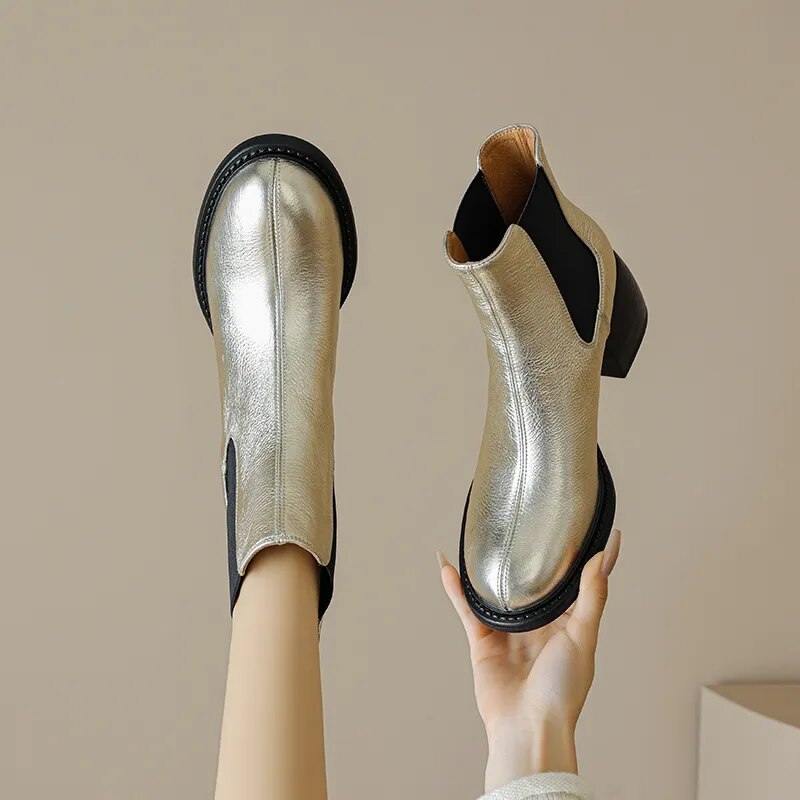 Women Ankle Boots Autumn Winter Office Lady Shoes Woman Genuine Leather Round Toe Thick High Heels New Back Elastic Band Basic voguable