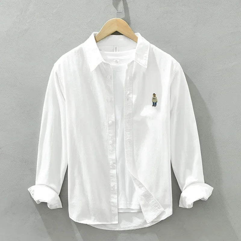 Voguable Spring and Autumn New Bear Embroidery Casual Long Sleeve Men Shirts 100% Cotton Solid Color Fashion Art Versatile Top voguable