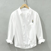 Voguable Spring and Autumn New Bear Embroidery Casual Long Sleeve Men Shirts 100% Cotton Solid Color Fashion Art Versatile Top voguable