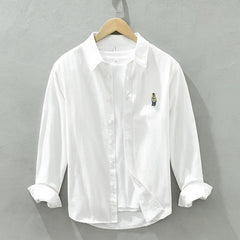 Voguable Spring and Autumn New Bear Embroidery Casual Long Sleeve Men Shirts 100% Cotton Solid Color Fashion Art Versatile Top voguable