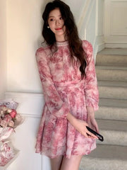 Women's New Elegan Print t Dresse Fashion A-Line O-Neck Lantern Sleeve Slim Waist Short Vestidos FrenchCasual Holiday Summer voguable