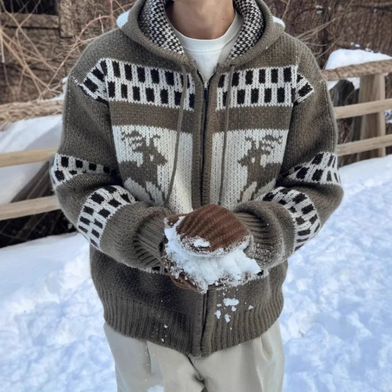 American Retro Christmas Sweater Men Hooded Patchwork Jacquard Elk Christmas Zipper Knitted Sweater Men Cardigan Coats voguable