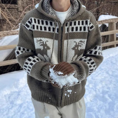 American Retro Christmas Sweater Men Hooded Patchwork Jacquard Elk Christmas Zipper Knitted Sweater Men Cardigan Coats voguable