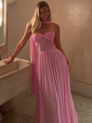 Scarf Collar Backless Sexy Maxi Dress For Women Gown Pink Strapless Off-shoulder Backless Mesh Long Dress Vestido voguable