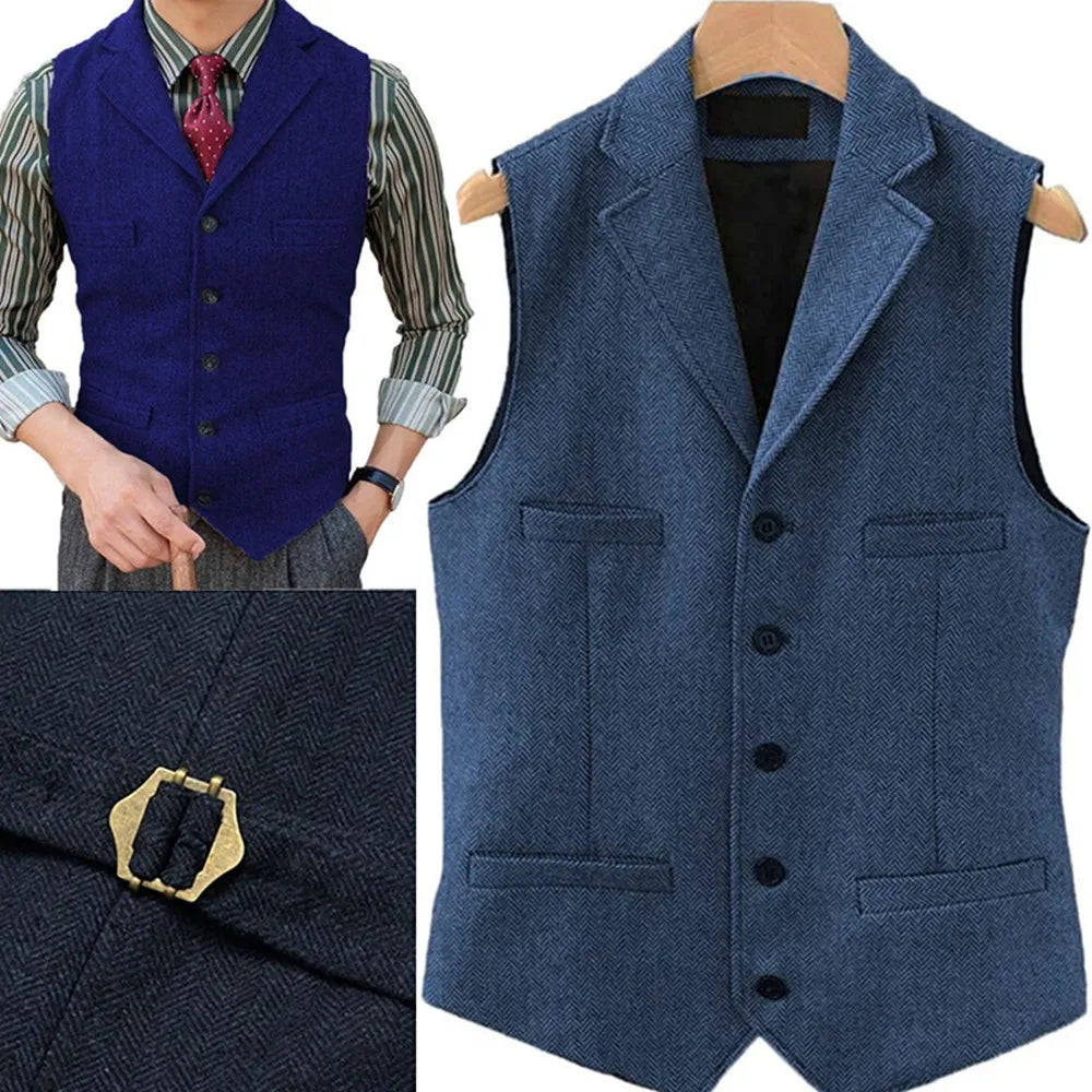 Tweed Herringbone Mens Suit Vest Slim Fit Notch Lapel With 4 Pockets Groomsmen Wedding Waistcoat For Wedding voguable