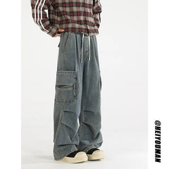 Loose straight Jeans Men Denim Cargo Pants Wash Solid Color Multi Pockets Casual Mid Waist Trousers Unisex Daily Wear Joggers voguable